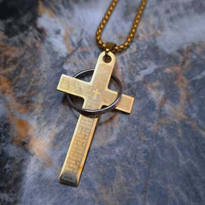 گردنبند صلیب حلقه دار طلایی نوشته دار