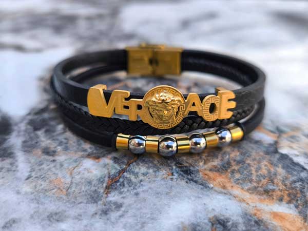 Versache-Gold-3-line9 خرید دستبند چرم ورساچه سه لاین